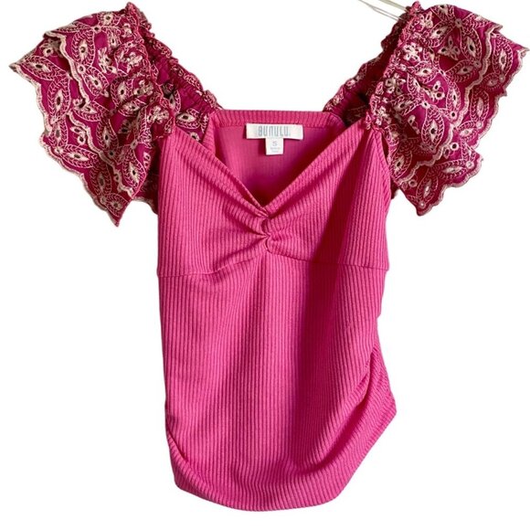 Bunulu Pink Ribbed Textured Top with Detailed Short Sleeves Women's Small - Picture 1 of 11